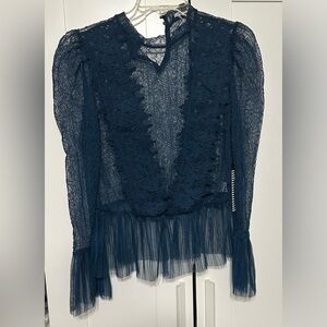 Haute Monde Navy Lace Sheer V-Neck Blouse with Ruffle Trim